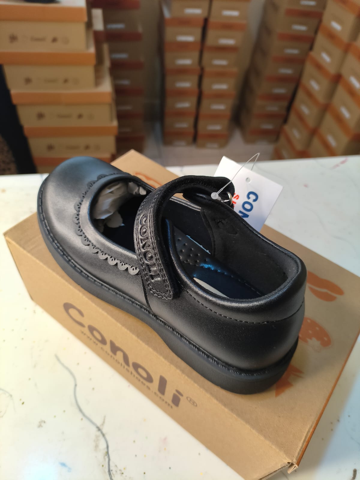 Conoli Flowered Leather Girls School Shoes with Long Velcro Fastener kids