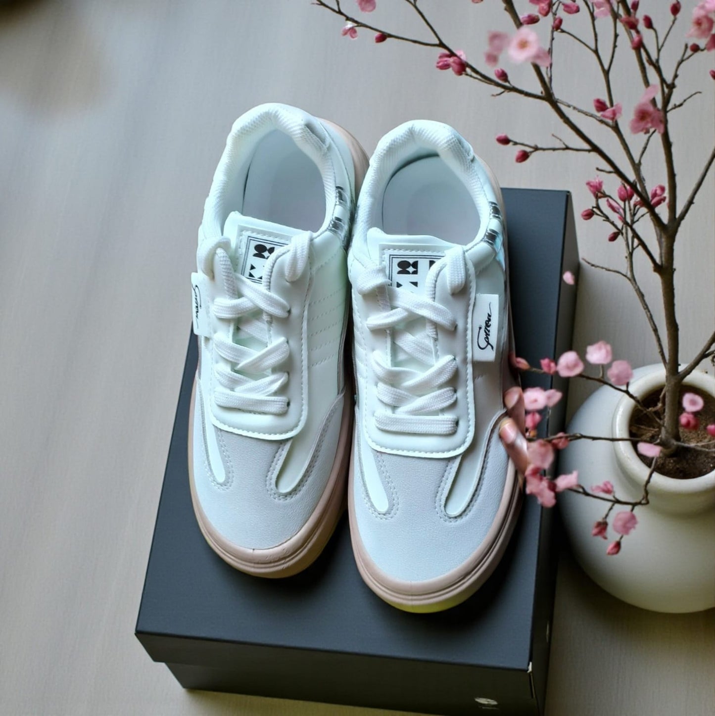 ladies sneakers double sole (Pink, White)