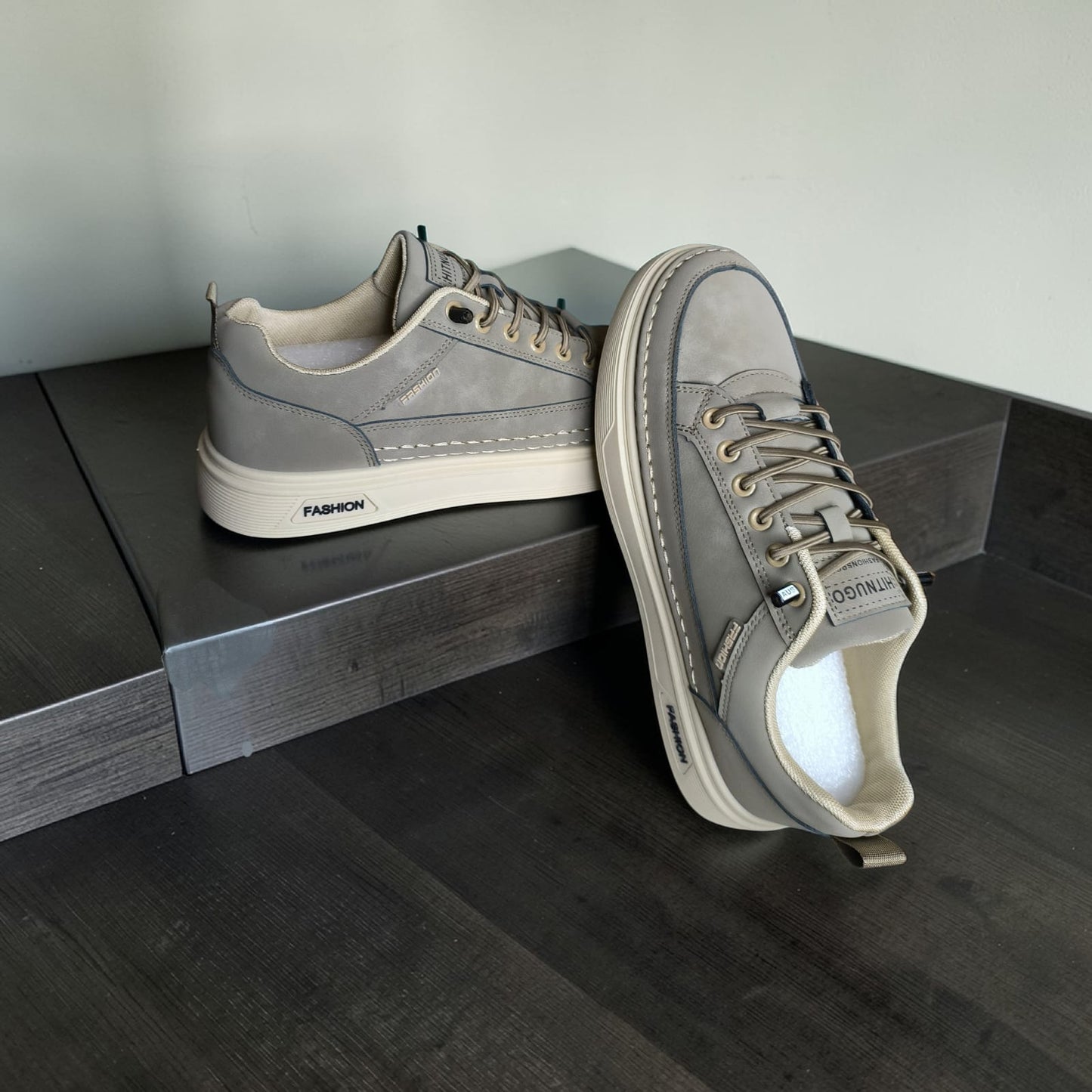 Men Fashion casual (charcoal grey & faded green with cream rubber sole)