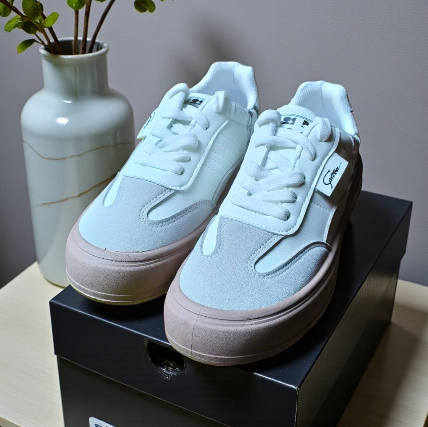 ladies sneakers double sole (Pink, White)