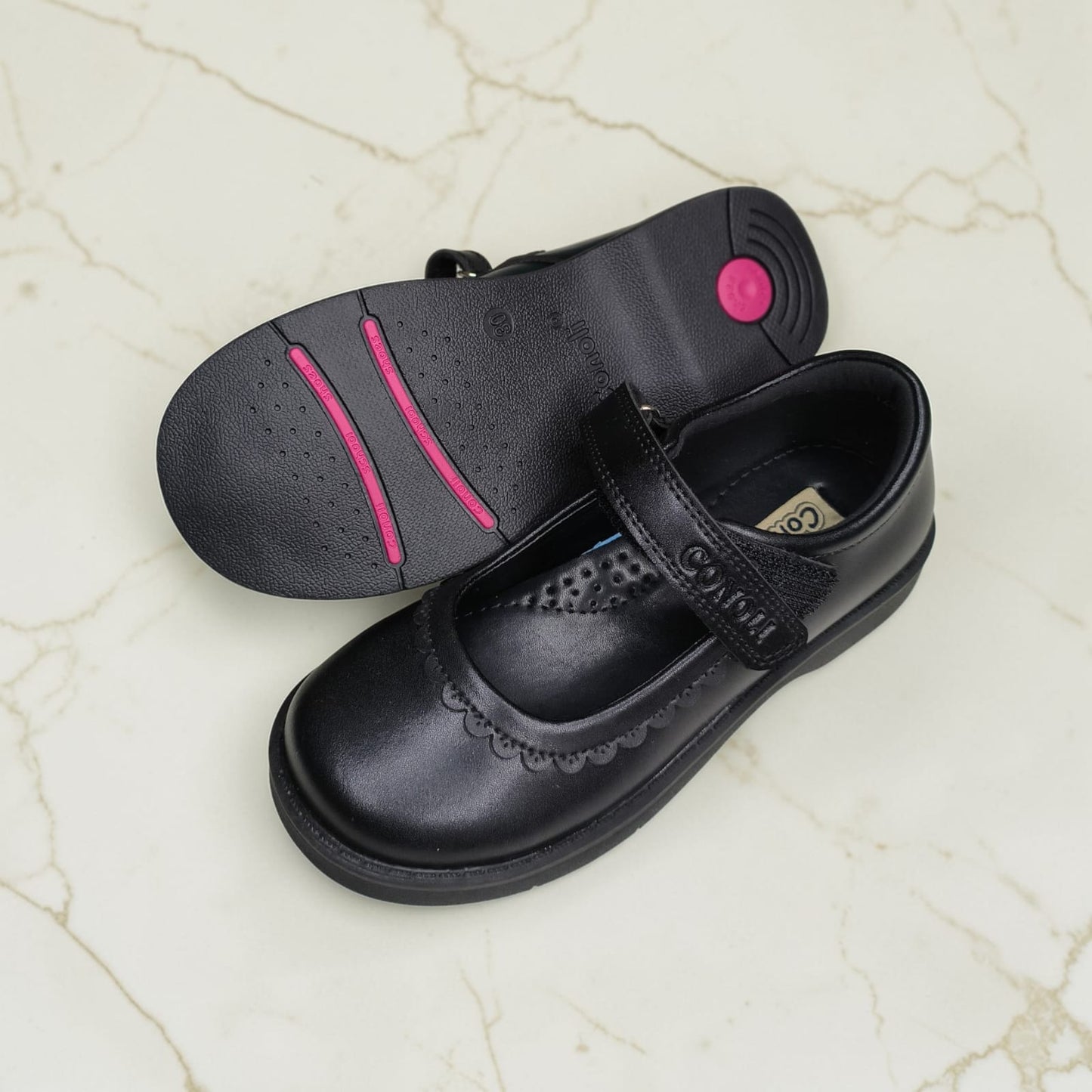 Conoli Flowered Leather Girls School Shoes with Long Velcro Fastener kids