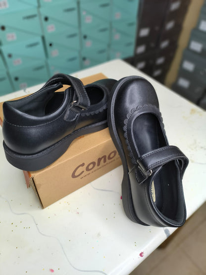 Conoli Flowered Leather Girls School Shoes with Long Velcro Fastener kids