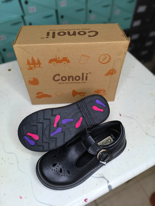 Conoli Flowered Leather Girls School Shoes with Fastener