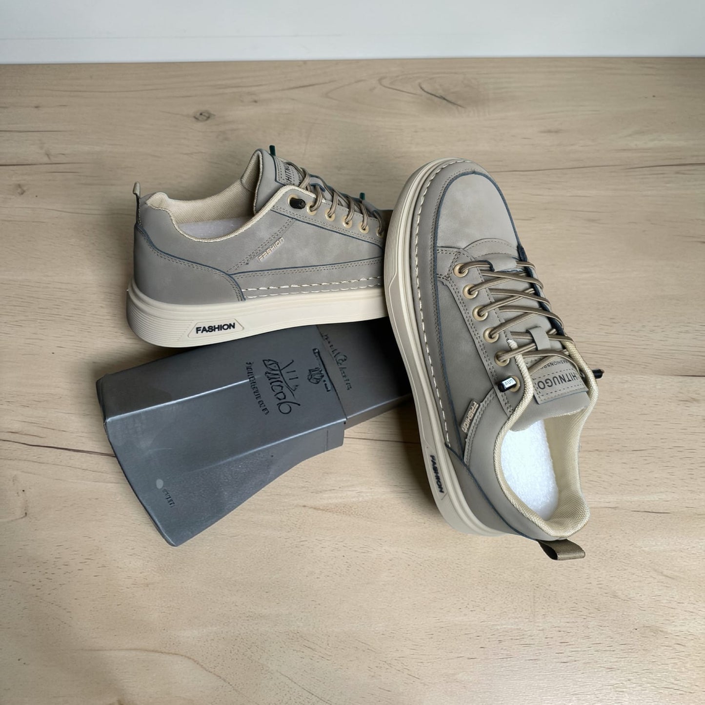 Men Fashion casual (charcoal grey & faded green with cream rubber sole)