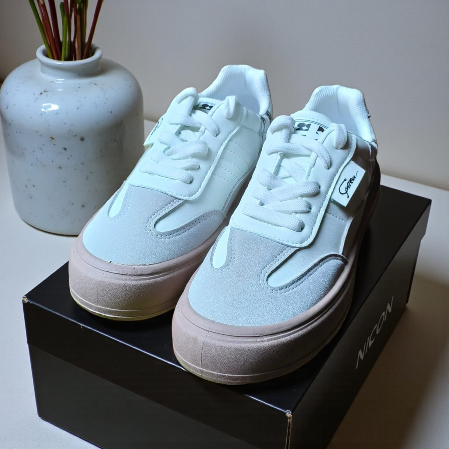 ladies sneakers double sole (Pink, White)